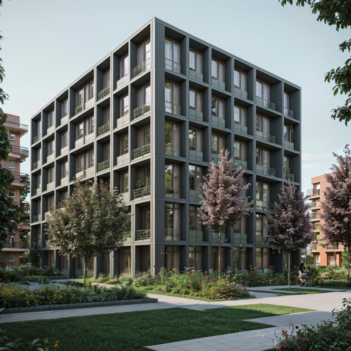 RAW photo of a co-housing residential complex, common garden, front view, flower, bush, render, matte color facade, entire...